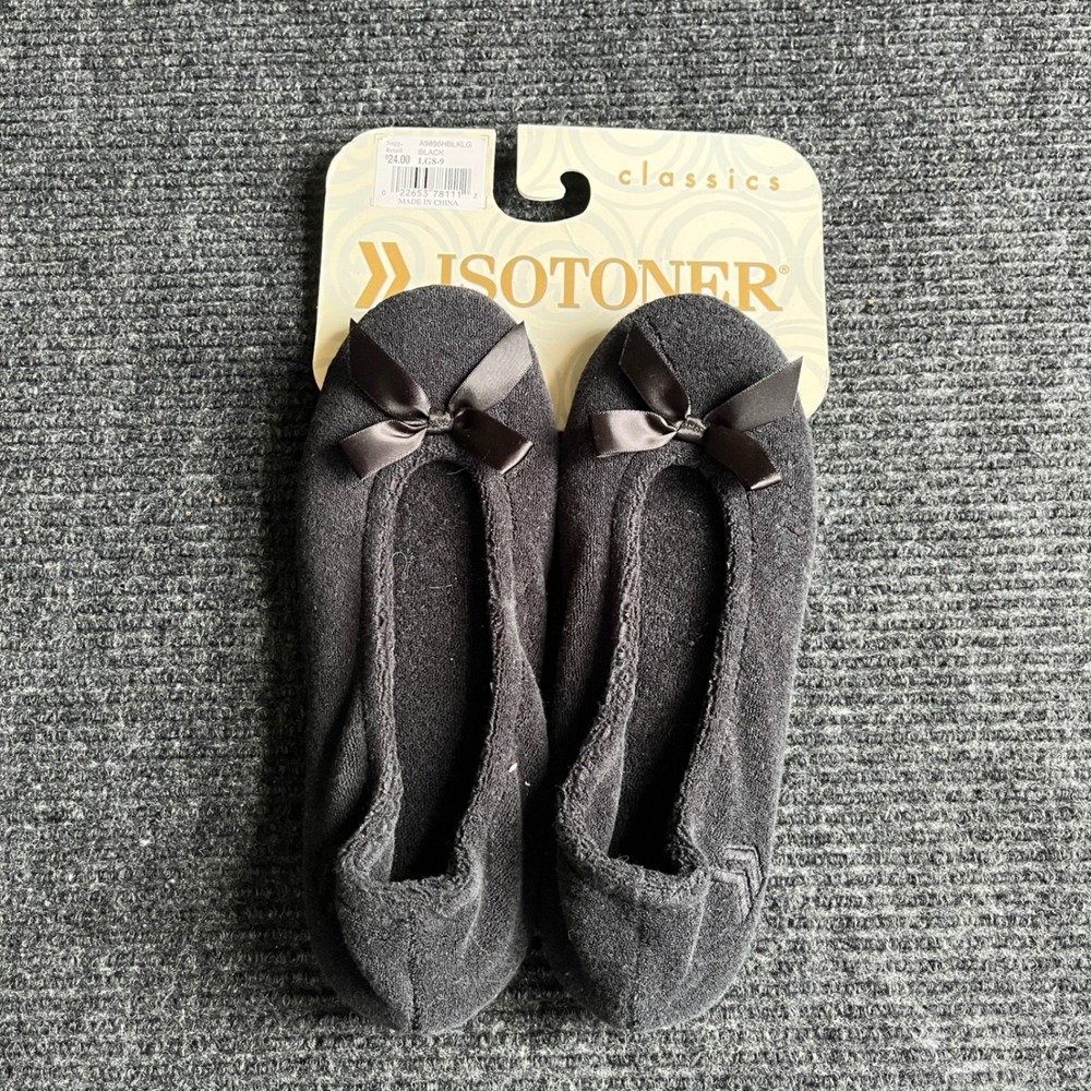 Isotoner Ballerina Slipper Womens Large 8-9 Black New Terry Cloth Satin Bow Flat